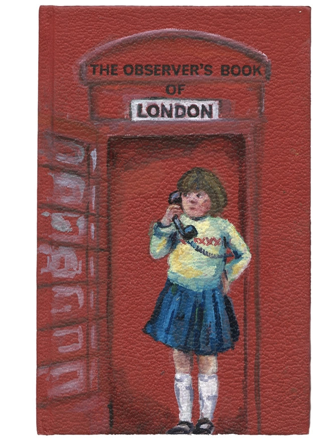 A little girl standing in a red telephone box painted onto a red cover of an observer book