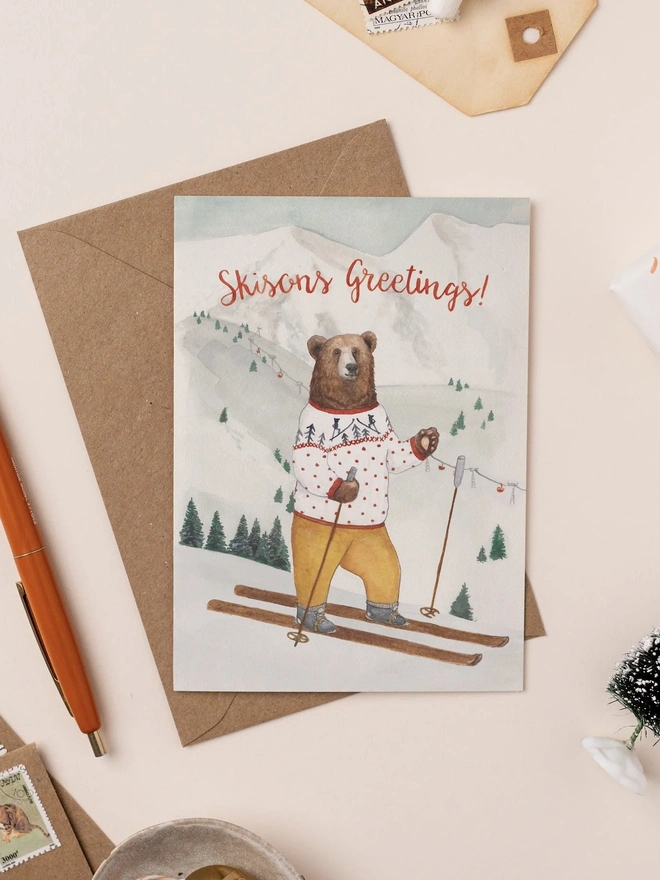 skiing bear christmas card