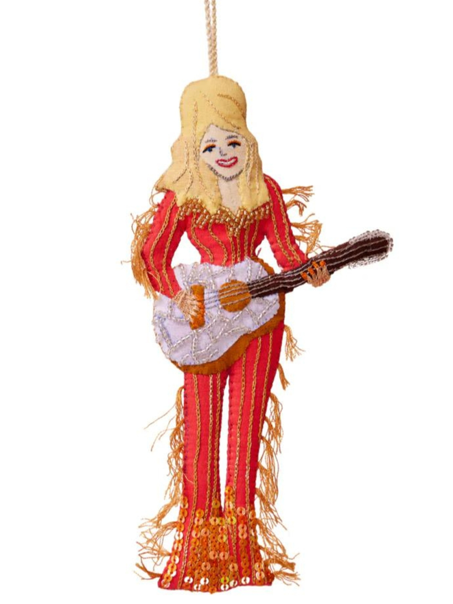 hand stitched Dolly Parton in red outfit with guitar hanging decoration