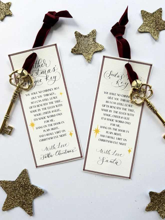 Golden Father Christmas and Santa Key attached to poem card and adorned with red velvet ribbon and small golden bell