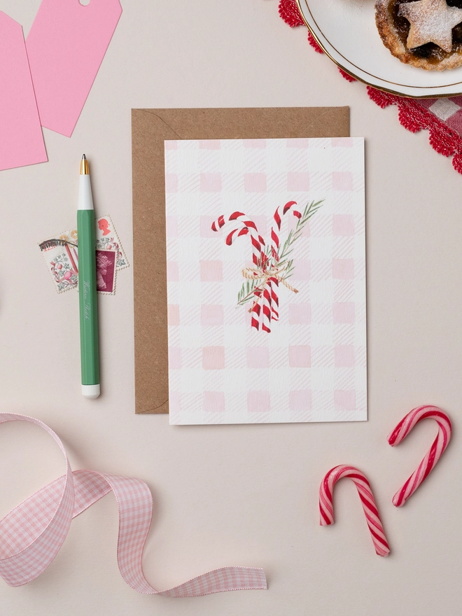 Candy Cane Gingham Christmas Card 