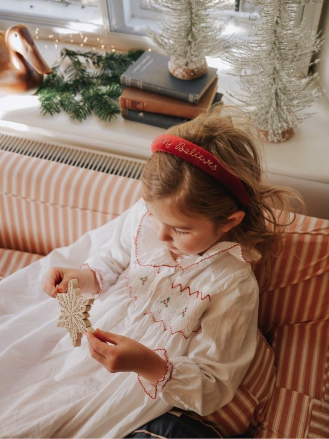 hand embroidered name believes velvet headband