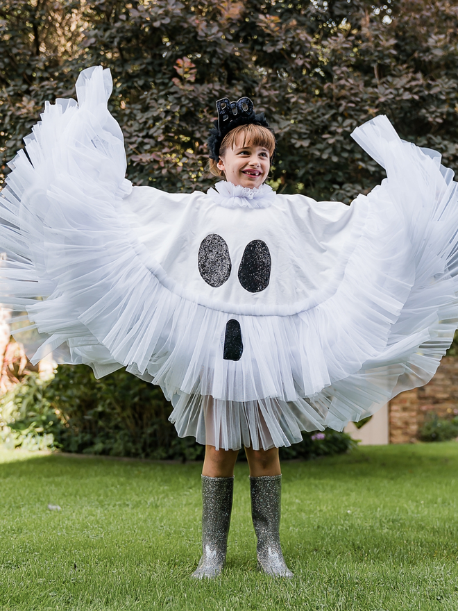 White Ghost Tie Back Halloween Cape (Club Holly & Co)