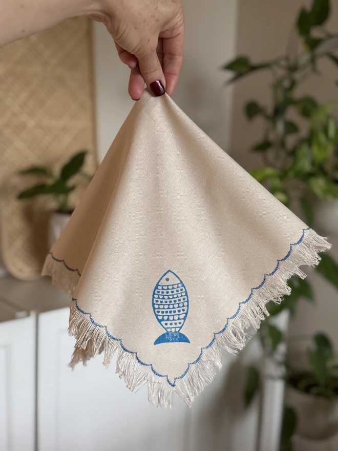 Blue Fish Block Printed Cloth Napkins (Set of 2)