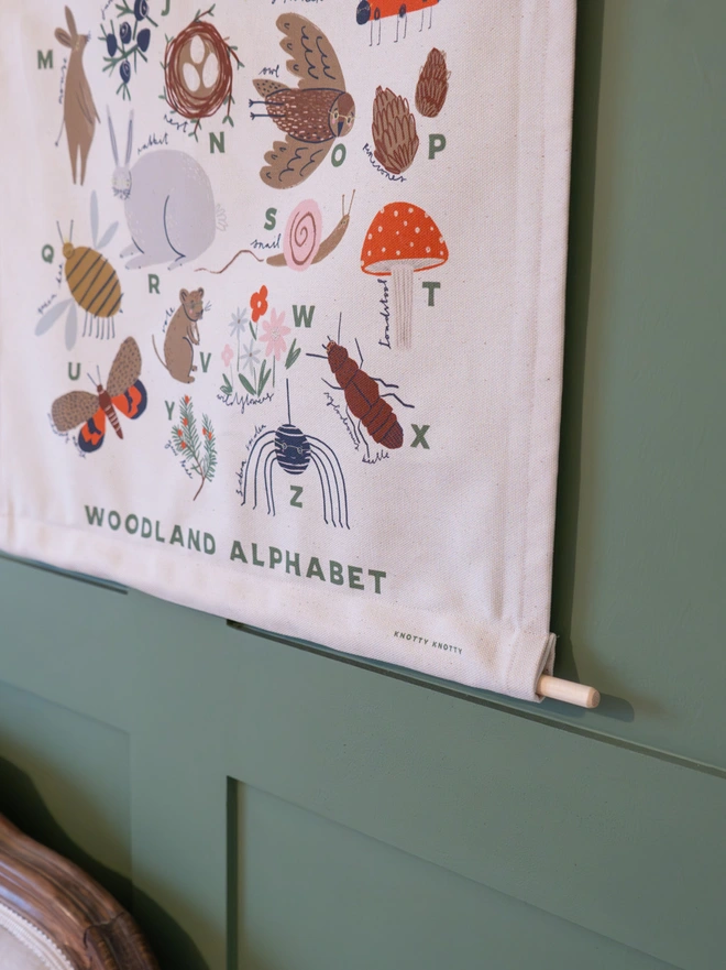 Woodland Alphabet Fabric Banner, close up. 