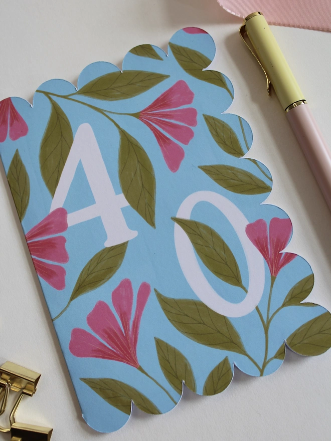 floral 40th birthday card with scalloped edge pink and blue