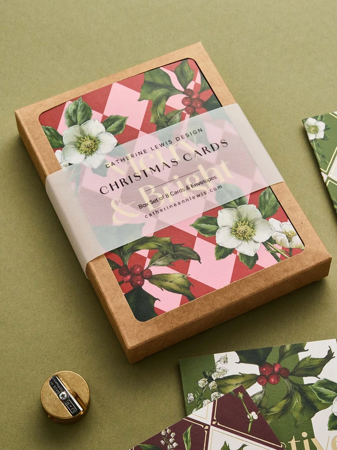 Box of 8 cards. Harlequin and striped designs with gold foil