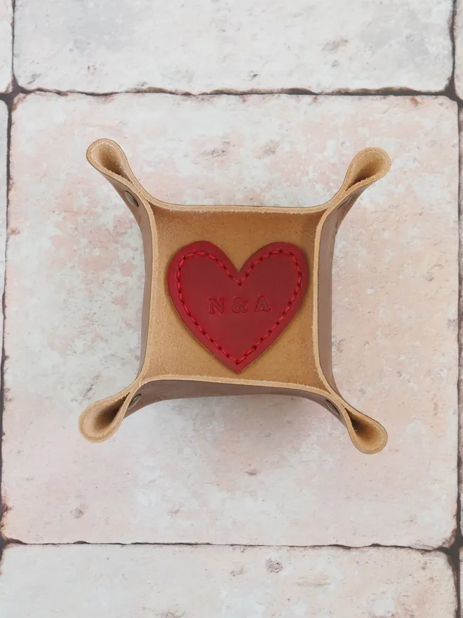 tan and red leather heart personalised anniversary tray