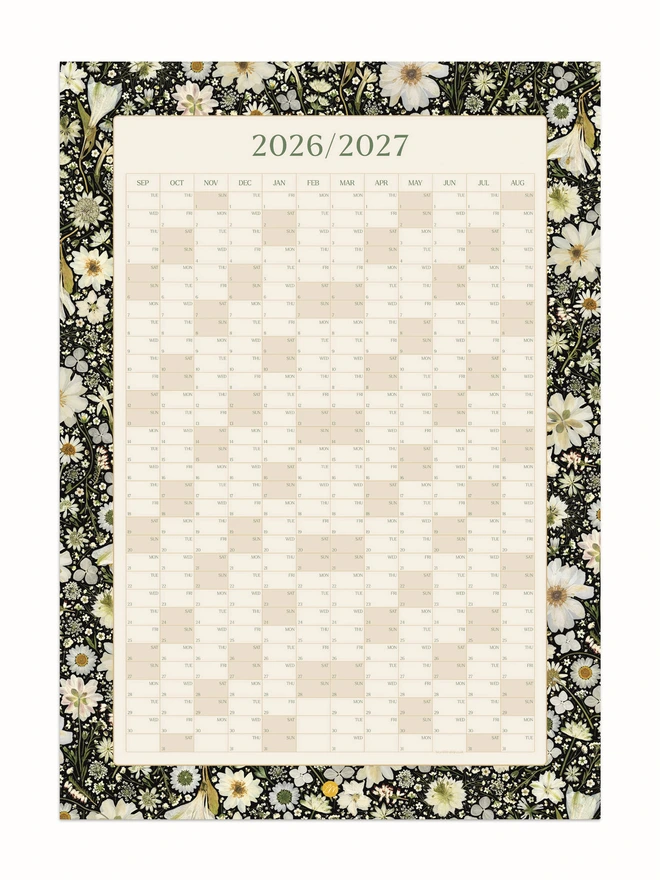 Pressed White Floral Academic Wall Calendar for September 2026 - August 2027 - A botanical-inspired year planner with stunning pressed white flowers. Ideal for workspace decor, home offices, and studios, and those who love planning and organising. Perfect for educators and those attending school, college or university. 