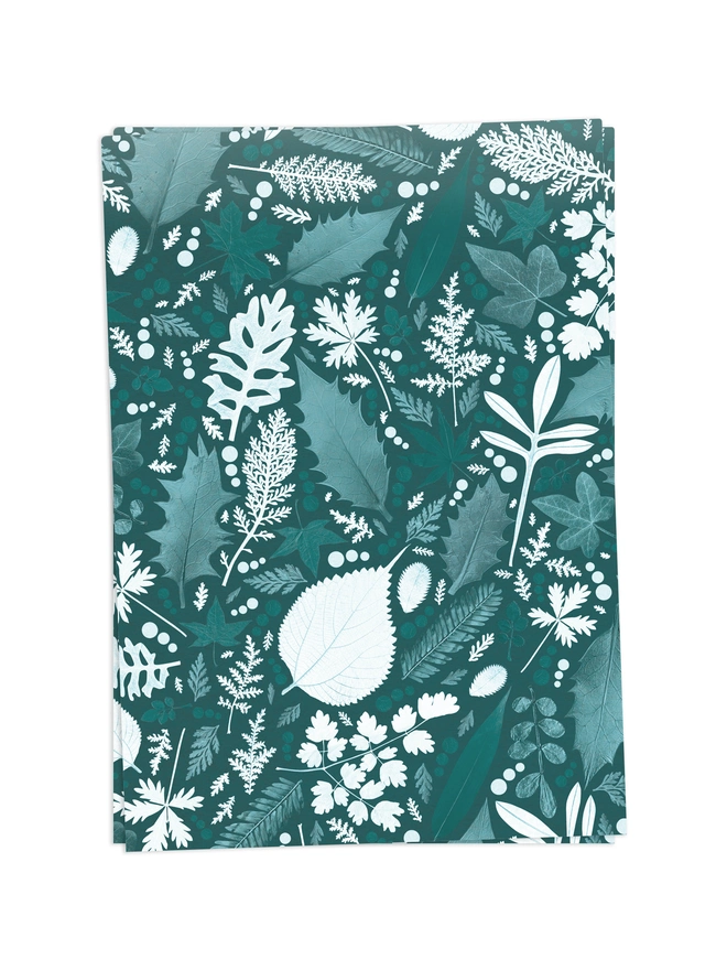 Folded sheets of Green Winter Leaves Christmas Gift Wrap
