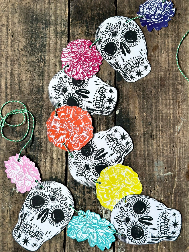 Skull 'Day Of The Dead' Hand Printed Linocut Garland 