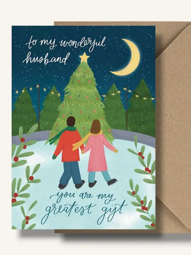 to my wonderful husband illustrated christmas card. christmas card illustrated with a couple on a wintery christmas walk.