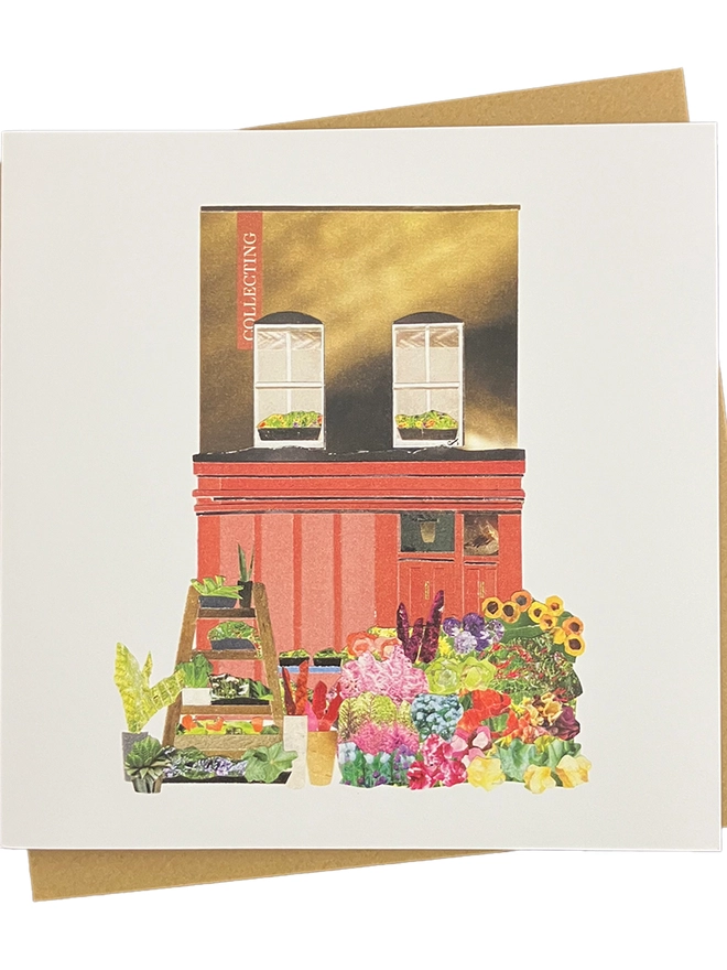 Greetings Card with a collaged illustration of Columbia Road Flower Market with an envelope on a white background.