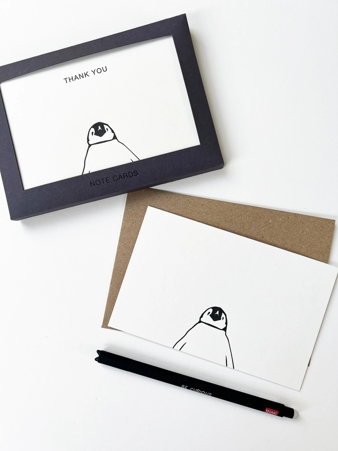 Boxed flat correspondence cards illustrated with a penguin