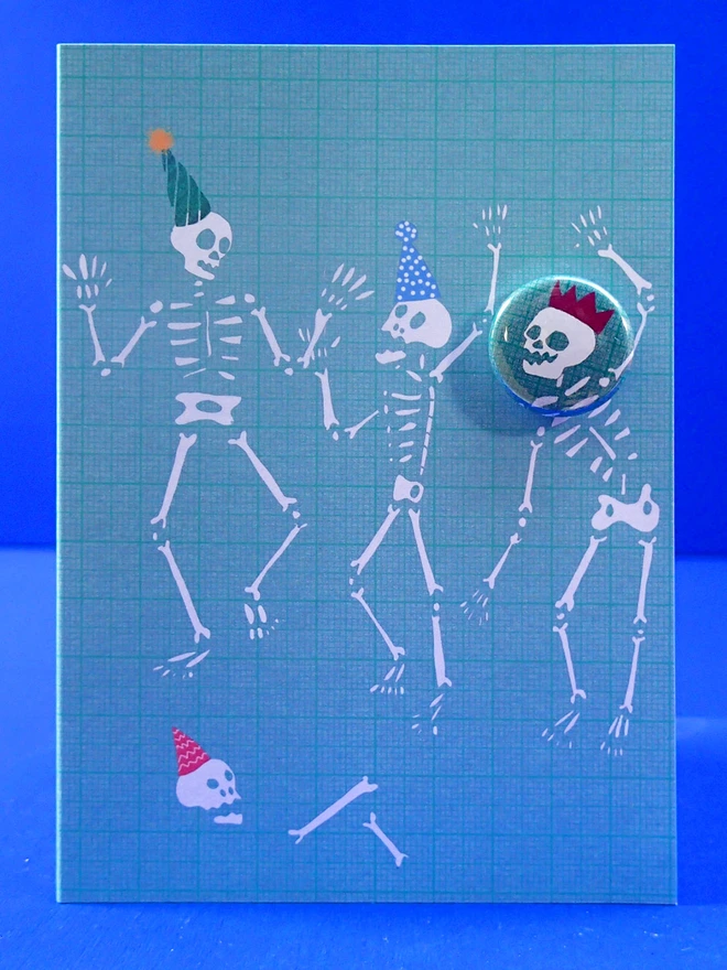 Skeleton Party Greeting Card with skull pin badge