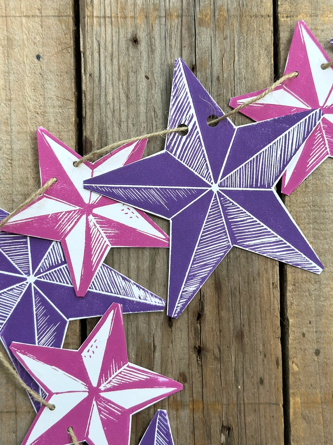 Bright Stars Hand Printed Linocut Garland Purple & Pink