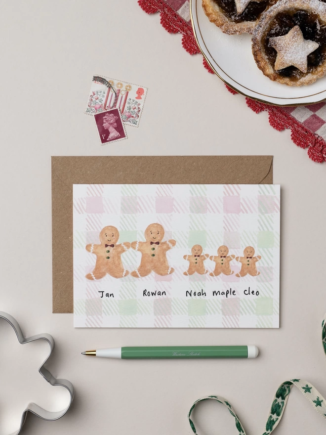 Personalised Gingerbread Family of 5 Christmas Card