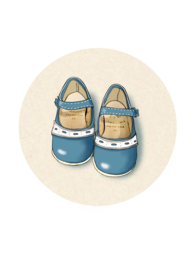 an illustration of a small pair of vinateg blue shiney patent toddler shoes, drawn in a vintage story book style in pencil and then digitally coloured shown on a cream circular back ground