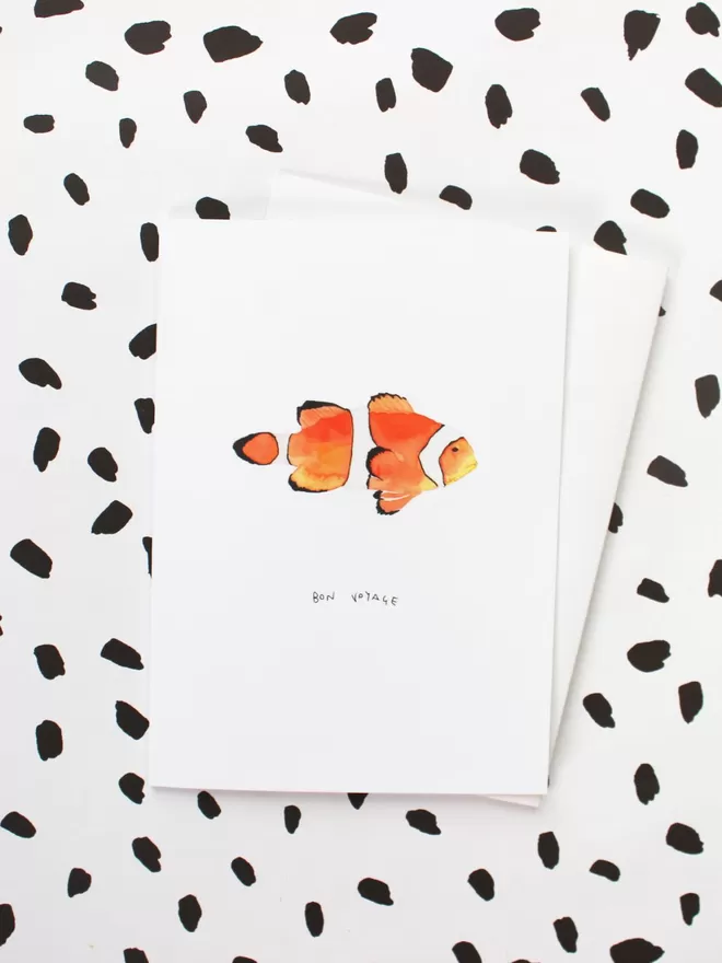 Liz Temperley Blank Inside Bon Voyage Card. Watercolour illustration of a nemo fish on the front of the card.