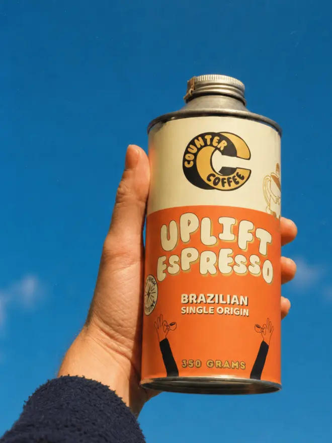 Uplift Espresso. A tin of coffee beans from Counter Coffee.