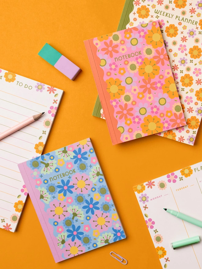 Flatlay of other colourful stationery items from the Raspberry Blossom ‘Happiness’ collection