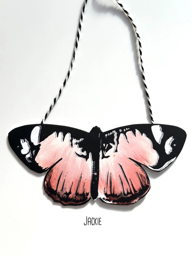 Hand Painted Butterfly Colourful Linocut Hanging Decoration In Orange Peach terracotta and black