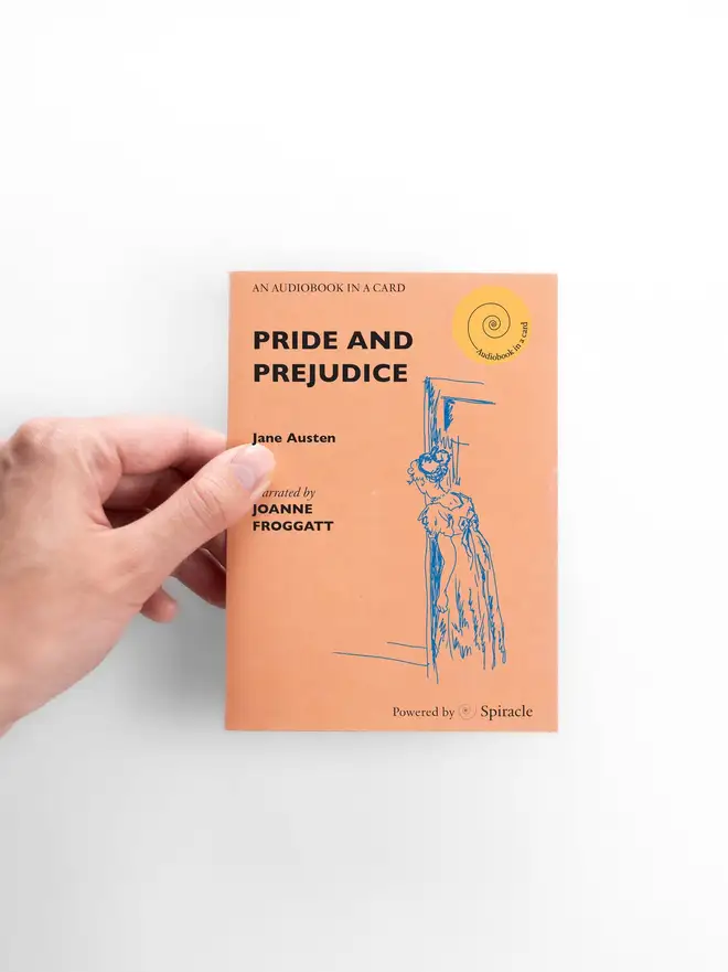 Pride And Prejudice Choose Your Own Audiobook In A Card, against a white background. 