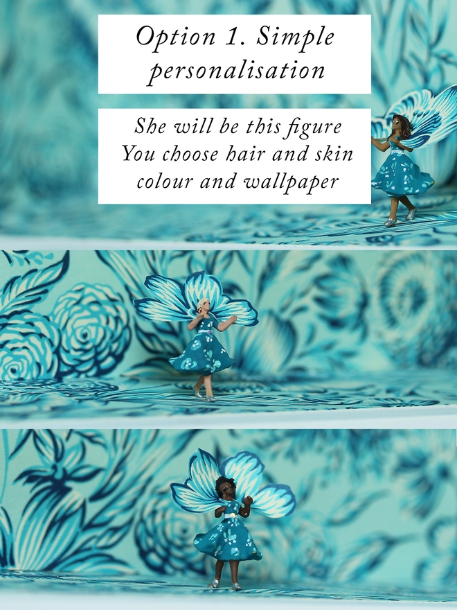 Miniature scene in an artbox showing tiny ladies in floral dresses almost disappearing against matching floral wallpaper. The image shows variations in skin and hair colour to show examples of personalisation