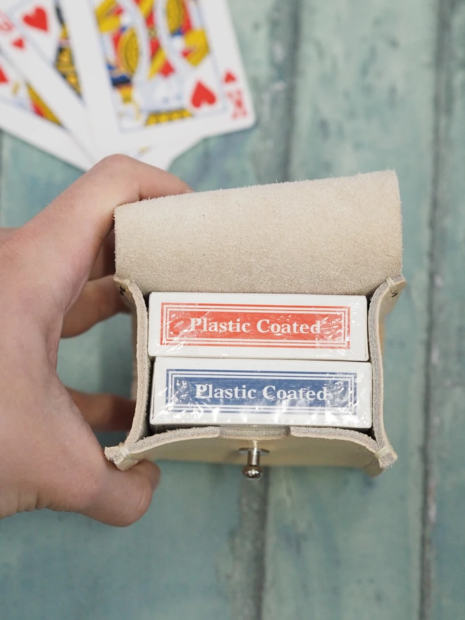 Personalised Leather Double Deck Playing Card Holder. Natural cream case with two packs of playing cards.