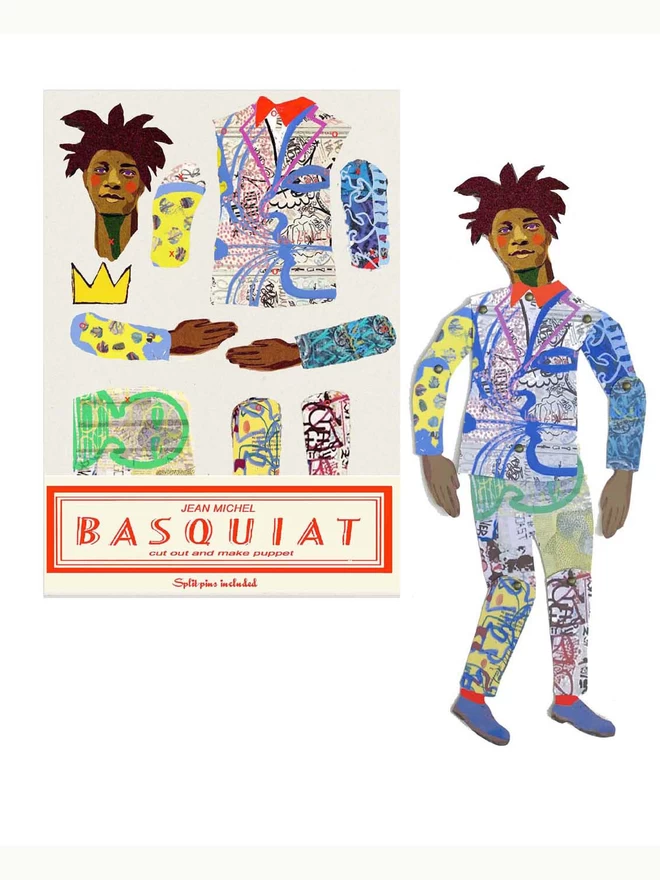 Cut and make puppet of Jean Michel Basquiat in packet form alongside a make up version of the artist.