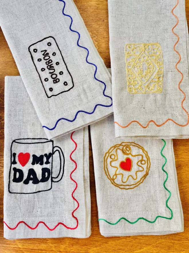 Dad's Embroidered Tea and Biscuits Linen Napkins