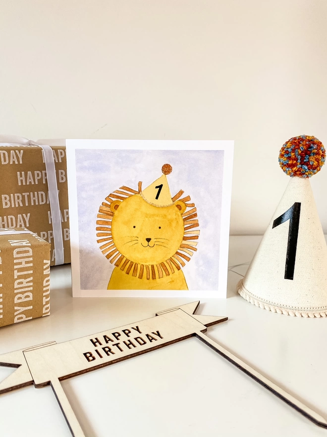 Lion Birthday Card with Canvas Party Hat and Number