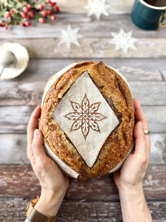 Stencilling on sourdough - baked bread