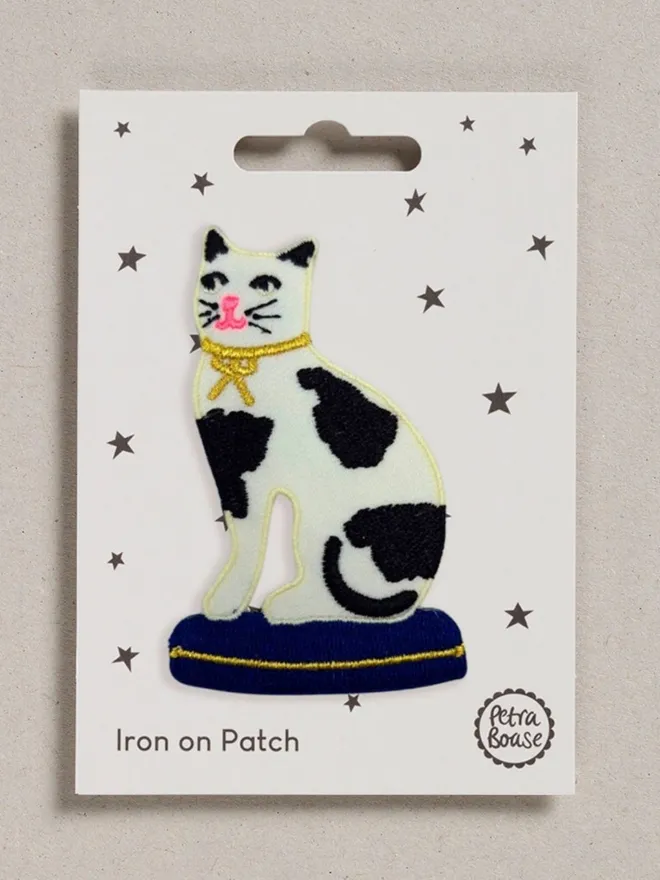 Cat Figurine embroidered fabric patch with an iron-on backing.