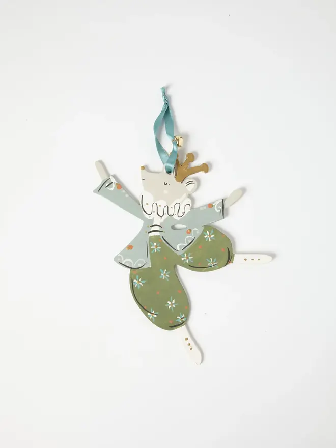 Mouse King Tree Dancer. wooden hanging mouse king decoration with a gold crown and jingle bell, sage green jacket and floral trousers, duck egg blue ribbon, arms and legs outstretched, on a white background
