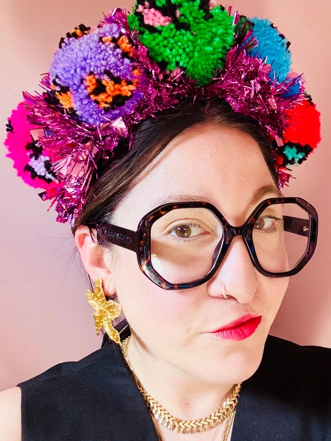 Leopard print Pom Pom festival headband festival Pom Pom tinsel headband bright headband rainbow headband pink tinsel 