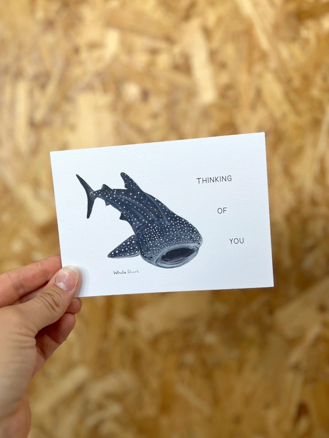 a greetings card featuring an illustration of a whale shark with the text “Thinking of you”