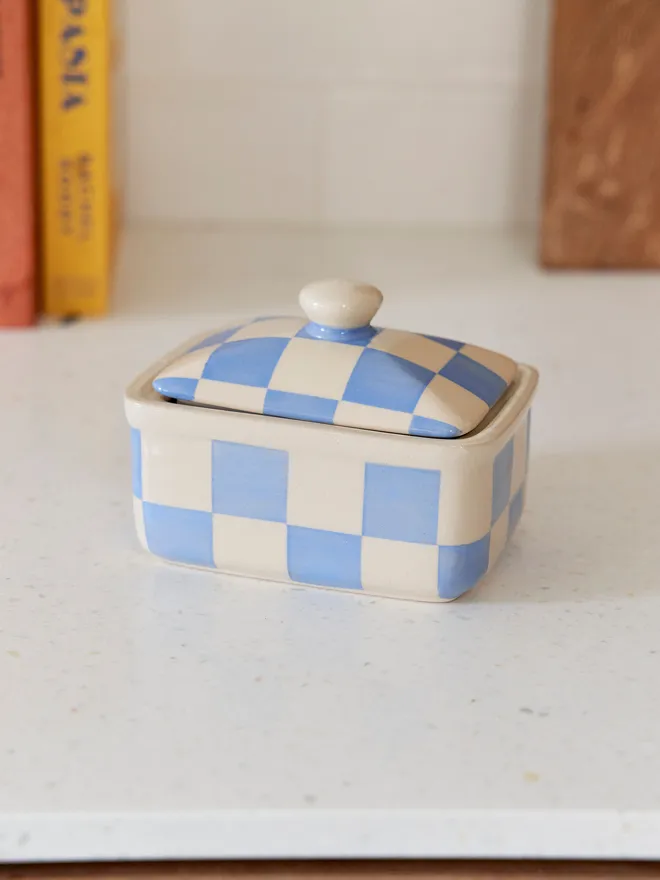 Checkered Blue & Cream Handmade Ceramic Butter Dish 