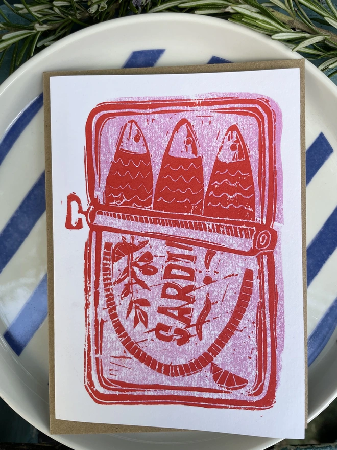 A6 Sardine card hand Lino printed in pop of bright pink and red giving fresh seaside vibe