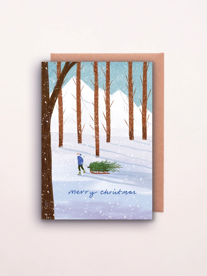 Christmas Tree Sled card with Kraft envelope
