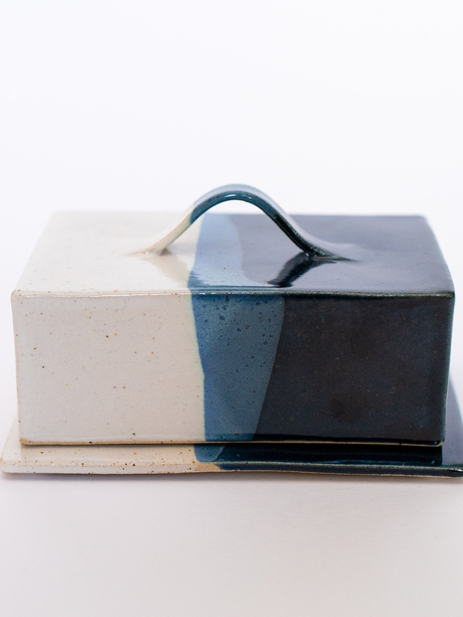 blue and white handmade butter dish