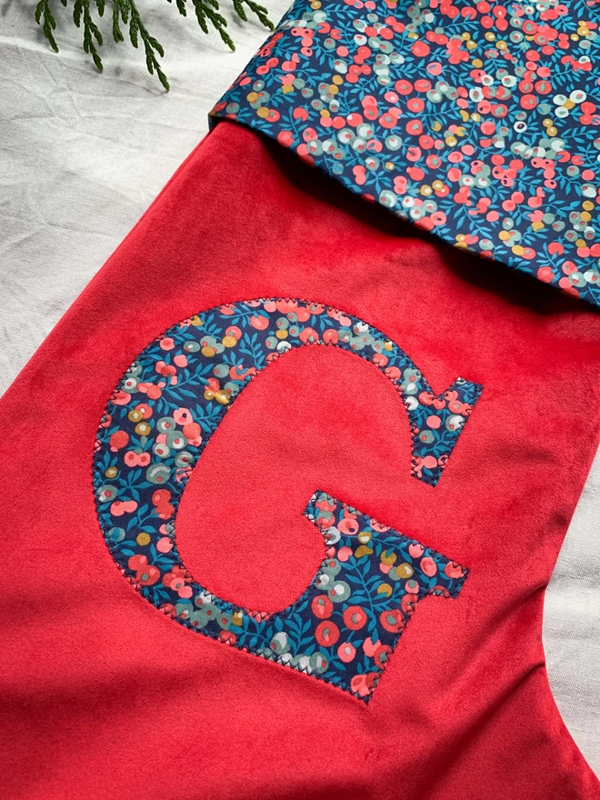 Red Velvet Stocking with Liberty print letter and cuff