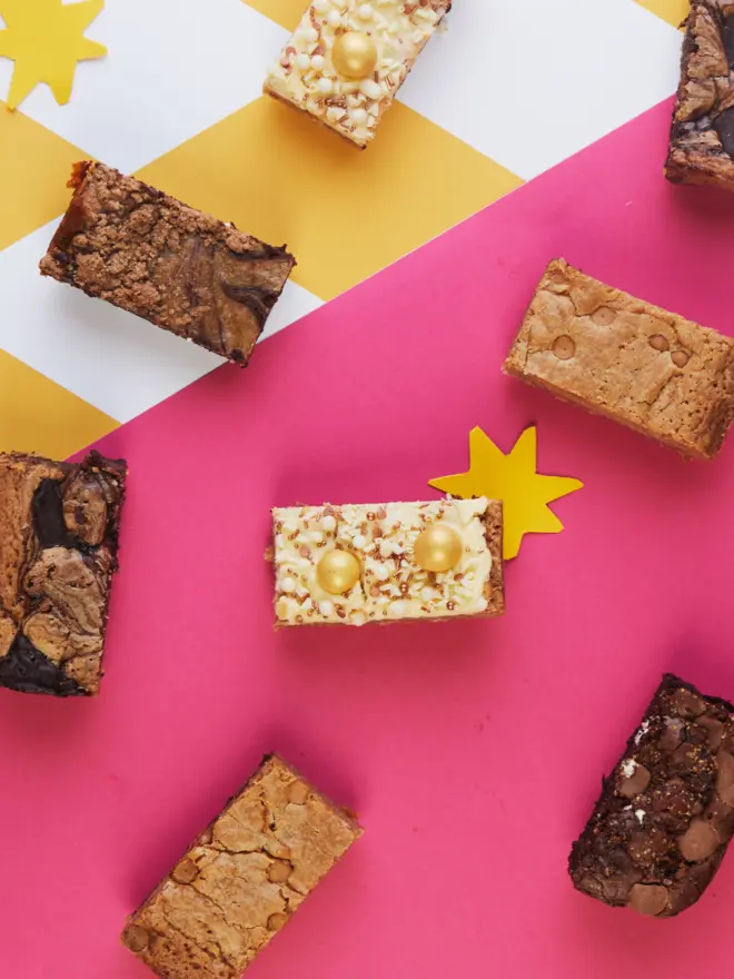 Flatlay of Hetty's festive box of brownies