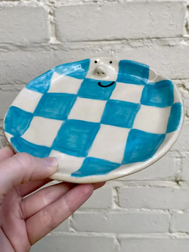 blue white check handmade ceramic smiley face side plate