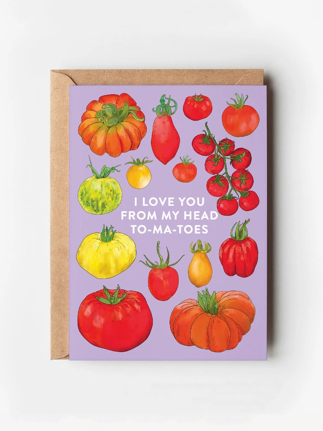 Food-inspired illustrated greeting card featuring a colourful collection of tomato variations, set against a bold purple background. A vibrant and playful design perfect for food lovers and those who appreciate fresh, farm-to-table aesthetics