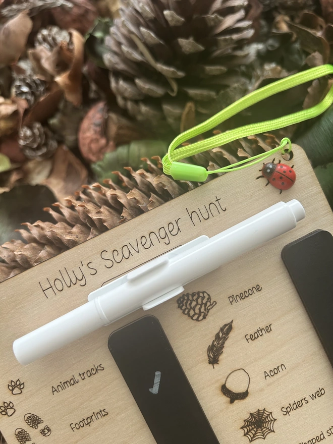 A personalised wooden scavenger hunt board titled “Holly’s Scavenger Hunt” sits among dried leaves and pinecones. Engraved illustrations and labels highlight a range of natural treasures and minibeasts to find, including pinecone, feather, acorn, spider’s web, shaped stick, mushrooms, fern, log, tree stump, sycamore keys, animal tracks, footprints, woodlouse, earthworm, snail, beetle, centipede, earwig, butterfly, and ant. Two black wipe‑clean sections are built into the board, and a white marker is attached with a bright green cord finished with a tiny ladybird bead