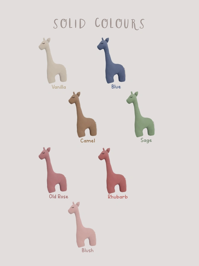 Giraffe soft toy in all the solid colours available