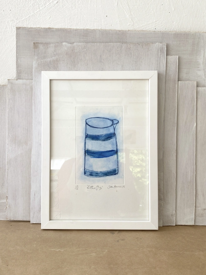Drawing of a little blue jug, drypoint printmaking by Samantha Barnes