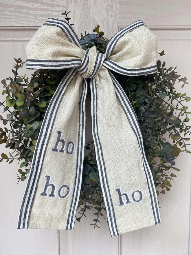 Christmas Embroidered Stripe Personalised Wreath Bow
