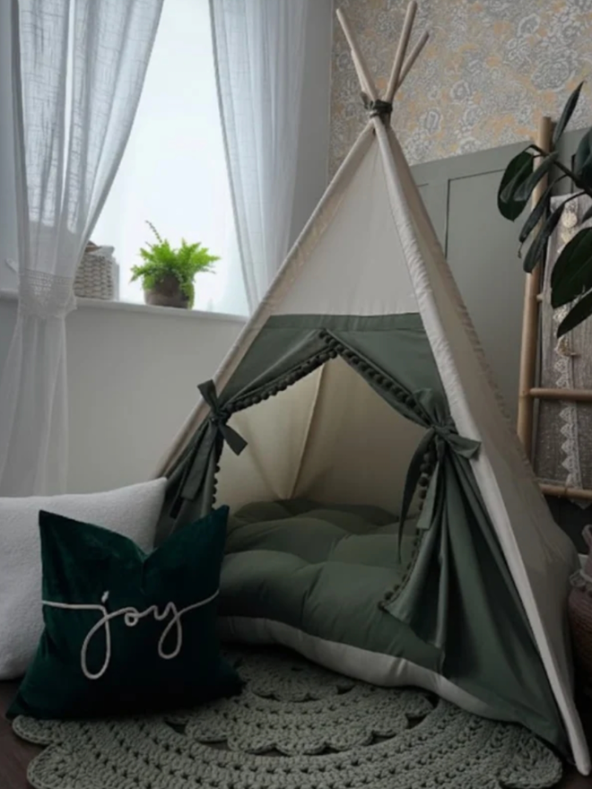 Personalised Olive Green & Natural Teepee. A green teepee with canvas accents.
